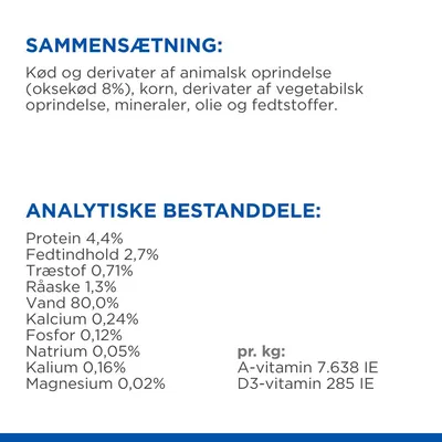 Sammensætning: kød og derivater af animalsk oprindelse (oksekød 8 %), korn, vegetabilske derivater, mineraler, olie, fedtstoffer. Analytiske bestanddele: protein 4,4 %, fedt 2,7 %, vand 80 %.