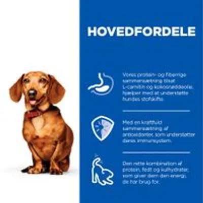 HOVEDFORDELE: Vores protein- og fiberrige sammensætning tilsat L-Carnitin og isooksaedsoska, hjælper med at understøtte hundes stofskifte. Styrker immunforsvar og giver energi.