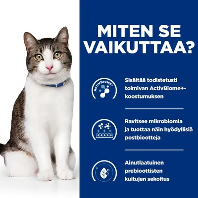 Teksti: MITEN SE VAIKUTTAA? Sisältää todistetusti toimivan ActivBiome+-koostumuksen. Ravitsee mikrobiomia ja tuottaa hyödyllisiä postbiootteja. Ainutlaatuinen prebioottisten kuitujen sekoitus.