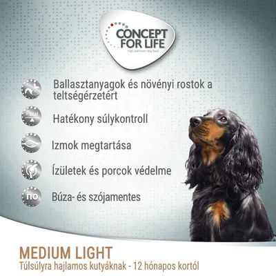 Concept for Life Medium Light, túlsúlyra hajlamos kutyáknak 12 hónapos kortól. Ballasztanyagok, hatékony súlykontroll, izom megtartás, ízületvédelem, búza- és szójamentes.
