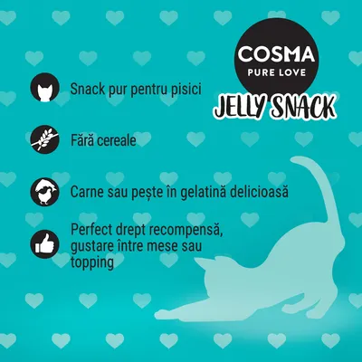 COSMA PURE LOVE JELLY SNACK. Snack pur pentru pisici, fără cereale, carne sau pește în gelatină delicioasă. Perfect drept recompensă, gustare între mese sau topping.