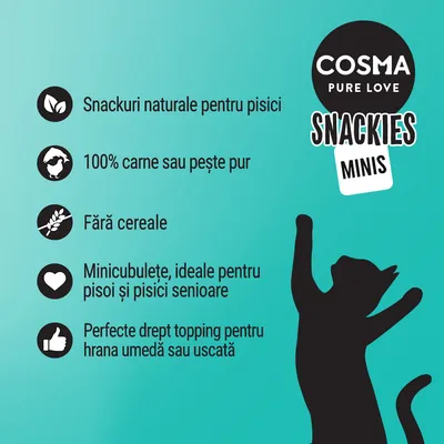 COSMA PURE LOVE SNACKIES MINIS. Snackuri naturale pentru pisici, 100% carne sau pește pur, fără cereale, minicubulețe ideale pentru pui și pisici senioare, topping pentru hrană umedă sau uscată.