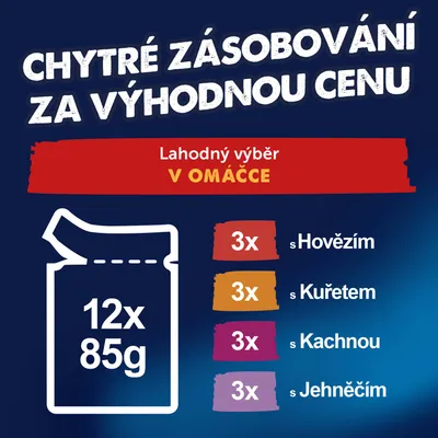 Lahodný výber v omáčke: 12x85g, je 3x s hovädzím, 3x s kuracím, 3x s kačacím, 3x s jahňacím. Lahodný výber v omáčke: 12x85g, je 3x s hovädzím, 3x s kuracím, 3x s kačacím, 3x s jahňacím.