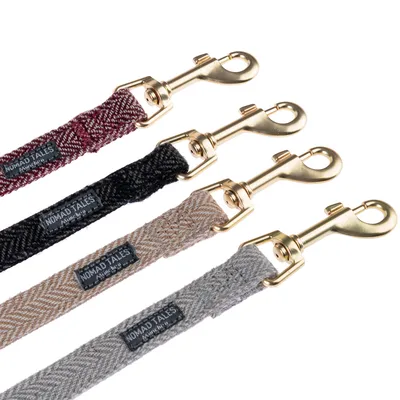 Four dog leads with golden carabiners in various colours: red, black, beige and grey. Brand label 'Nomad Tales' visible on each lead.