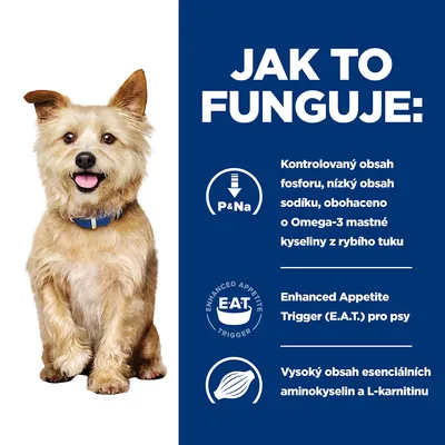 Jak to funguje: kontrolovaný obsah fosforu, nízký sodík, Omega-3 z rybího tuku, Enhanced Appetite Trigger (E.A.T.) pro psy, vysoký obsah esenciálních aminokyselin a L-karnitinu.