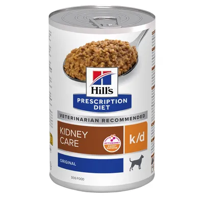 Can labelled Hill's Prescription Diet Kidney Care k/d, original flavour, veterinarian recommended, with ActivBiome+ Kidney Defense, and a dog icon. Dog food is shown on a spoon.