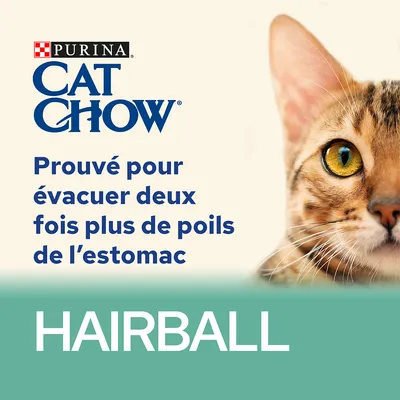 PURINA CAT CHOW. Prouvé pour évacuer deux fois plus de poils de l’estomac. HAIRBALL.