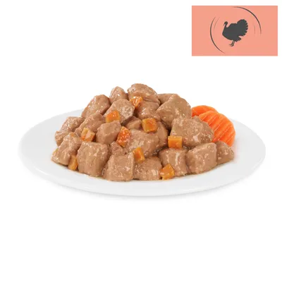 Close-up of meat pieces with carrots on a plate. Turkey symbol at the top right.