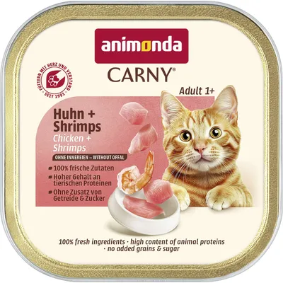 animonda Carny Adult 1+, Kylling + Rejer, uden indmad, 100% friske ingredienser, højt indhold af animalske proteiner, uden tilsat korn og sukker.