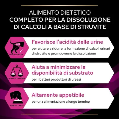 Alimento dietetico per dissoluzione di calcoli a base di struvite. Favorisce l'acidità delle urine, minimizza la disponibilità di substrato, altamente appetibile. Testo in italiano.