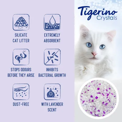 Tigerino Crystals. Silicate cat litter, extremely absorbent, stops odours before they arise, inhibits bacterial growth, dust-free, with lavender scent. Tekst na engleskom jeziku.