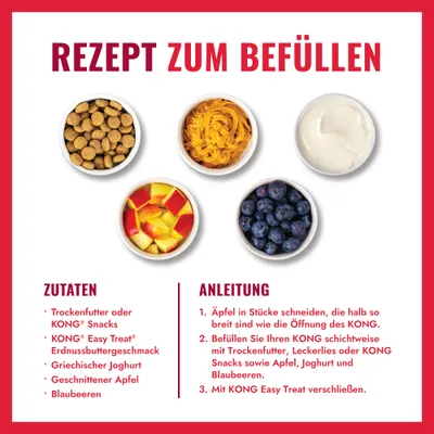 Rezept zum Befüllen: Zutatenliste und Anleitung für KONG, darunter Trockenfutter, KONG Easy Treat Erdnussbuttergeschmack, Joghurt, Apfel, Blaubeeren. Schrittweise Füllanleitung. Rezept zum Befüllen: Zutatenliste und Anleitung für KONG, darunter Trockenfutter, KONG Easy Treat Erdnussbuttergeschmack, Joghurt, Apfel, Blaubeeren. Schrittweise Füllanleitung.