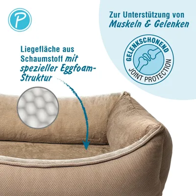 Liegefläche aus Schaumstoff mit spezieller Eggfoam-Struktur, gelenkschonend zur Unterstützung von Muskeln und Gelenken, Joint Protection Siegel sichtbar. Liegefläche aus Schaumstoff mit spezieller Eggfoam-Struktur, gelenkschonend zur Unterstützung von Muskeln und Gelenken, Joint Protection Siegel sichtbar.