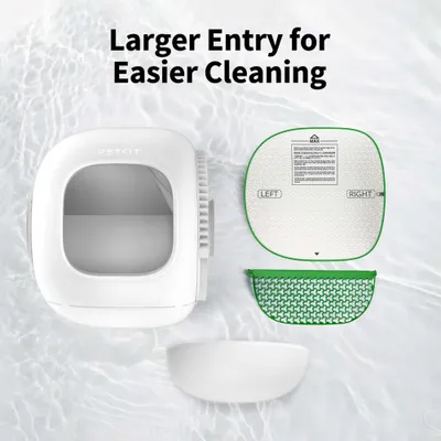 PETKIT Produkt mit großer Öffnung zur einfacheren Reinigung, Einzelteile abgebildet. Text: Larger Entry for Easier Cleaning. PETKIT Produkt mit großer Öffnung zur einfacheren Reinigung, Einzelteile abgebildet. Text: Larger Entry for Easier Cleaning.