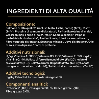 Lista degli ingredienti: salmone, riso, grassi animali, soia, mais, vitamine A, D3, E, C, minerali, tocoferoli. Analisi: proteine 29%, grassi 18%, ceneri grezze 7%, fibra grezza 3%.