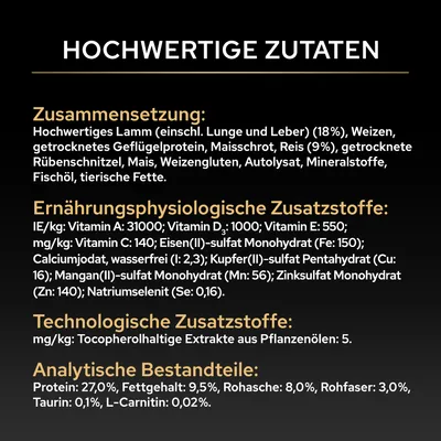 Zusammensetzung: Lamm, Geflügelprotein, Mais, Reis, Fischöl. Vitamine und Mineralstoffe. Protein 27%, Fett 9,5%, Rohasche 8%, Rohfaser 3%, Taurin 0,1%, L-Carnitin 0,02%.