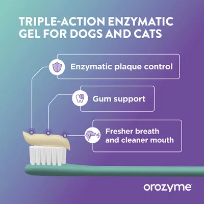 Orozyme Triple-Action Enzymatic Gel für Hunde und Katzen: enzymatische Plaquekontrolle, Zahnfleischunterstützung, frischer Atem und sauberer Mund. Orozyme Triple-Action Enzymatic Gel für Hunde und Katzen: enzymatische Plaquekontrolle, Zahnfleischunterstützung, frischer Atem und sauberer Mund.