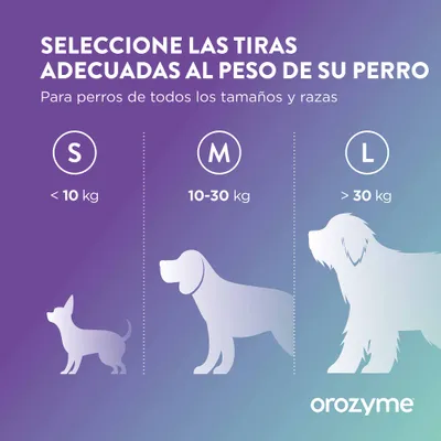 Tabla de tallas: S menos de 10 kg, M 10-30 kg, L más de 30 kg. Para perros de todos los tamaños y razas. Marca: orozzyme.