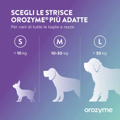 Tabella delle taglie per OROZYME Strips: S sotto i 10 kg, M 10-30 kg, L oltre i 30 kg. Per cani di tutte le taglie e razze.