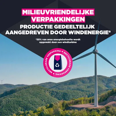 Milieuvriendelijke verpakkingen, productie deels aangedreven door windenergie. 25% van de energiebehoefte wordt gedekt door een windturbine. Recyclebare verpakking. Milieuvriendelijke verpakkingen, productie deels aangedreven door windenergie. 25% van de energiebehoefte wordt gedekt door een windturbine. Recyclebare verpakking.