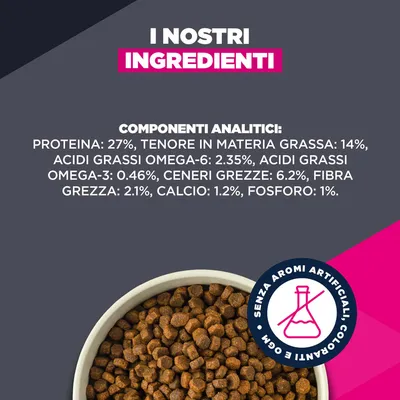 Componenti analitici: proteine 27%, grassi 14%, omega-6 2,35%, omega-3 0,46%, ceneri grezze 6,2%, fibra grezza 2,1%, calcio 1,2%, fosforo 1%. Senza aromi o coloranti artificiali.
