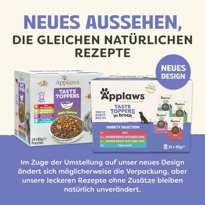 Applaws Taste Toppers in neuem Design. Hinweis: Neues Aussehen, gleiche natürlichen Rezepte, Rezepturen ohne Zusätze bleiben unverändert, Verpackung kann abweichen.