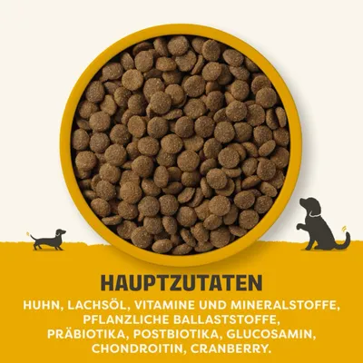 Hauptzutaten: Huhn, Lachsöl, Vitamine und Mineralstoffe, pflanzliche Ballaststoffe, Präbiotika, Postbiotika, Glucosamin, Chondroitin, Cranberry.