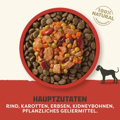 Hauptzutaten: Rind, Karotten, Erbsen, Kidneybohnen, pflanzliches Geliermittel. 100% natural ingredients. Hauptzutaten: Rind, Karotten, Erbsen, Kidneybohnen, pflanzliches Geliermittel. 100% natural ingredients.