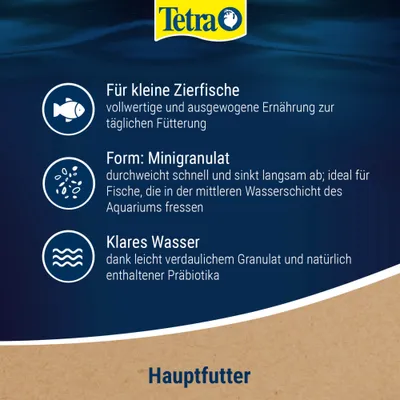 Tetra főeleség kis díszhalak számára, minigranulátum, tiszta vizet biztosít a könnyen emészthető granulátumnak és a hozzáadott prebiotikumoknak köszönhetően. Tetra főeleség kis díszhalak számára, minigranulátum, tiszta vizet biztosít a könnyen emészthető granulátumnak és a hozzáadott prebiotikumoknak köszönhetően.