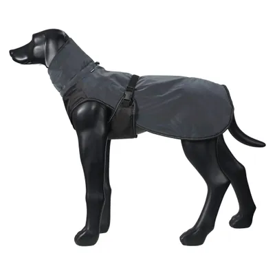 Cappotto nero per cani con protezione per collo e addome, cintura regolabile, presentato su una figura di cane nera.