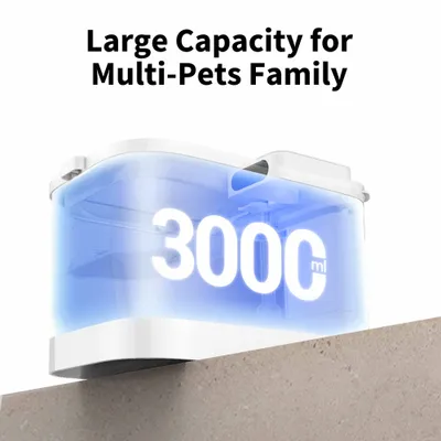 Behälter mit 3000 ml Fassungsvermögen, geeignet für mehrere Haustiere. Text: Large Capacity for Multi-Pets Family. Behälter mit 3000 ml Fassungsvermögen, geeignet für mehrere Haustiere. Text: Large Capacity for Multi-Pets Family.