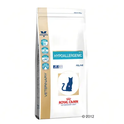 Royal Canin Veterinary Diet Hypoallergenic Feline -kuivaruokapakkaus, näkyvissä tekstit HYPOALLERGENIC, VETERINARY EXCLUSIVE ja Royal Canin -logo sekä kissan siluetti.