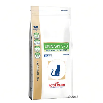 Royal Canin Veterinary Diet Urinary S/O Moderate Calorie Feline -kuivaruokapakkaus, näkyvissä kissan siluetti ja tekstit: URINARY S/O, MODERATE CALORIE, VETERINARY EXCLUSIVE, S/O INDEX.