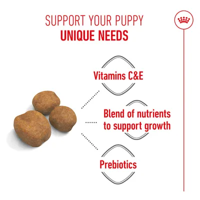 Dry food with the following features: vitamins C & E, nutrient blend to support growth, prebiotics. Text: Support your puppy's unique needs. Dry food with the following features: vitamins C & E, nutrient blend to support growth, prebiotics. Text: Support your puppy's unique needs.
