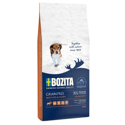 Bozita Grain Free Mother & Puppy, 76% proteína animal con alce, 12 kg. Sin cereales, 90% carne, 16% grasa.