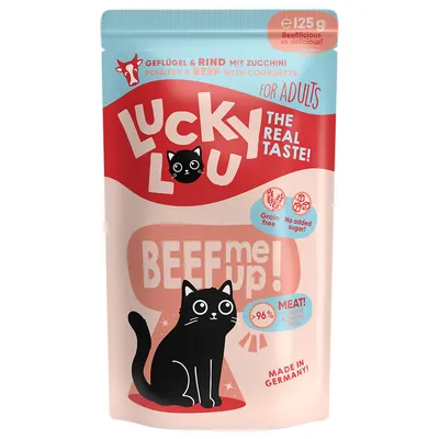 Lucky Lou Beef me up! Fågel & nötkött med zucchini, för vuxna katter. Spannmålsfri, utan tillsatt socker, över 96 % köttandel. Tillverkad i Tyskland. Förpackningsstorlek: 125g.