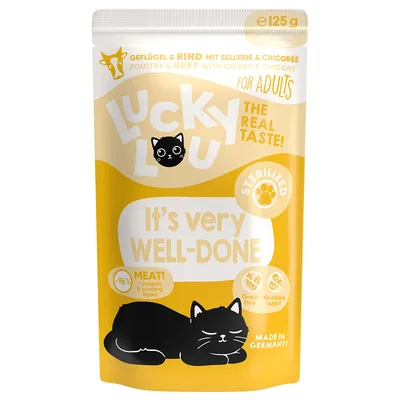 Lucky Lou kattmat för vuxna, fjäderfä och nötkött med selleri och cikoria, steriliserad, 96% kött, spannmålsfri, utan tillsatt socker, Made in Germany, 125g.