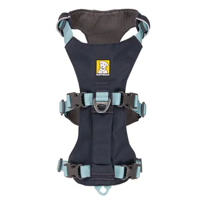 Ruffwear hondentuig in donkerblauw met lichtblauwe banden en stevige gespen, geschikt voor veilige grip en controle.