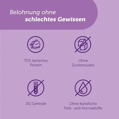 Belohnung ohne schlechtes Gewissen: 75% tierisches Protein, ohne Zuckerzusatz, 0% Getreide, ohne künstliche Farb- und Aromastoffe.