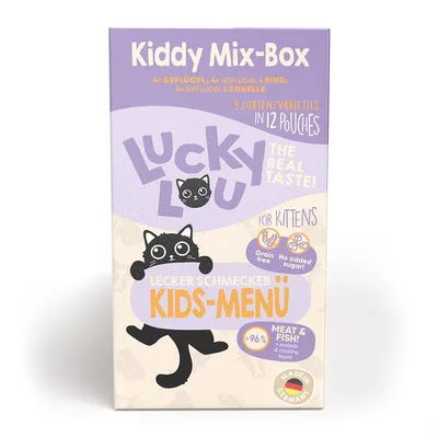 Lucky Lou Kiddy Mix-Box Kids-Menü pour chatons, 12 sachets, sans céréales, sans sucre ajouté, 96 % viande et poisson, made in Germany. Texte en anglais et allemand.