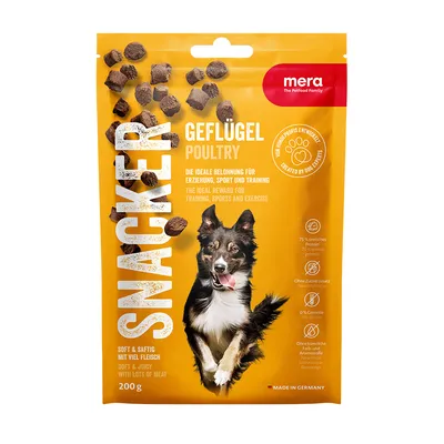 Mera Snacker Geflügel, 200g. Belohnung für Erziehung, Sport und Training. 75% tierisches Protein, ohne Zuckerzusatz, ohne Getreide, ohne künstliche Farb- und Aromastoffe. Made in Germany.