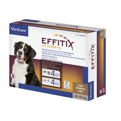 Virbac EFFITIX 402 mg/3600 mg, solución spot-on para perros muy grandes de 40–60 kg. Fipronilo y permetrina. Protección 4 semanas contra pulgas, garrapatas, flebótomos y mosquitos.