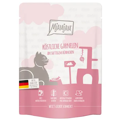 Mjamjam Köstliche Garnelen an saftigem Hünchen, Beste Qualität aus deutscher Herstellung, mit Meeresfrüchten, sans céréales, vitamines et minéraux, taurine. Texte en allemand.