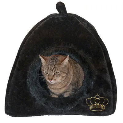 Schwarzes Katzenhaus mit goldener Kronenstickerei, Katze sitzt im Eingang.