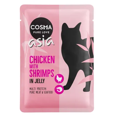 Cosma Pure Love asia CHICKEN WITH SHRIMPS IN JELLY, MULTI PROTEIN PURE MEAT & SEAFOOD feliratú tasak, fekete macska sziluettel, rózsaszín háttéren.