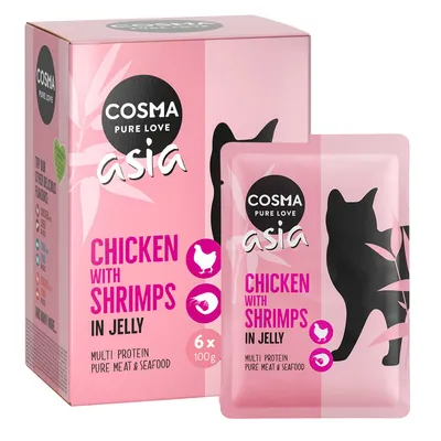 Cosma Asia kattmat, Chicken with Shrimps i gelé, multi-protein, rent kött och skaldjur, förpackning med 6 x 100 g påsar.