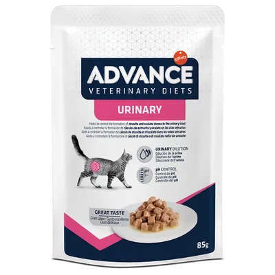 Advance Veterinary Diets Urinary, 85g. Podporuje kontrolu struvitových a oxalátových kamenů v močových cestách. Urinary Dilution a pH Control. Skvělá chuť s kousky masa.