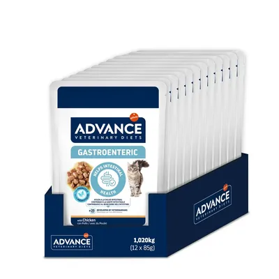 Advance Veterinary Diets Gastroenteric με κοτόπουλο, υποστηρίζει την υγεία του εντέρου, συσκευασία 12 x 85g, συνολικό βάρος 1,020kg.