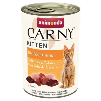 Animonda Carny Kitten птиче месо и говеждо, 100% пресни съставки, без зърнени храни и захар, с таурин. Кутия с изображение на котка и парчета месо.