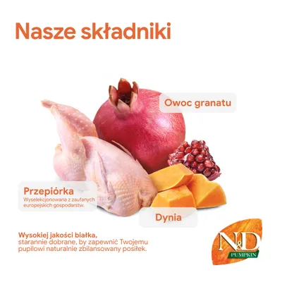 Składniki: przepiórka z europejskich hodowli, owoc granatu, dynia. Wysokiej jakości białko dla naturalnie zbilansowanego posiłku. N&D Pumpkin.